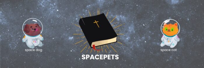 Cartoon space dog and space cat on either side of a bible with SPACEPETS in bold words underneath it on starry night background