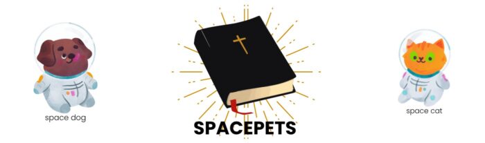 Cartoon space dog and space cat on either side of a bible with SPACEPETS in bold words underneath it